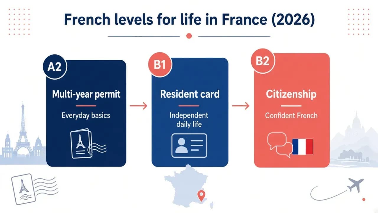 French levels for life in France 2026: A2 multi-year permit, B1 resident card, B2 citizenship
