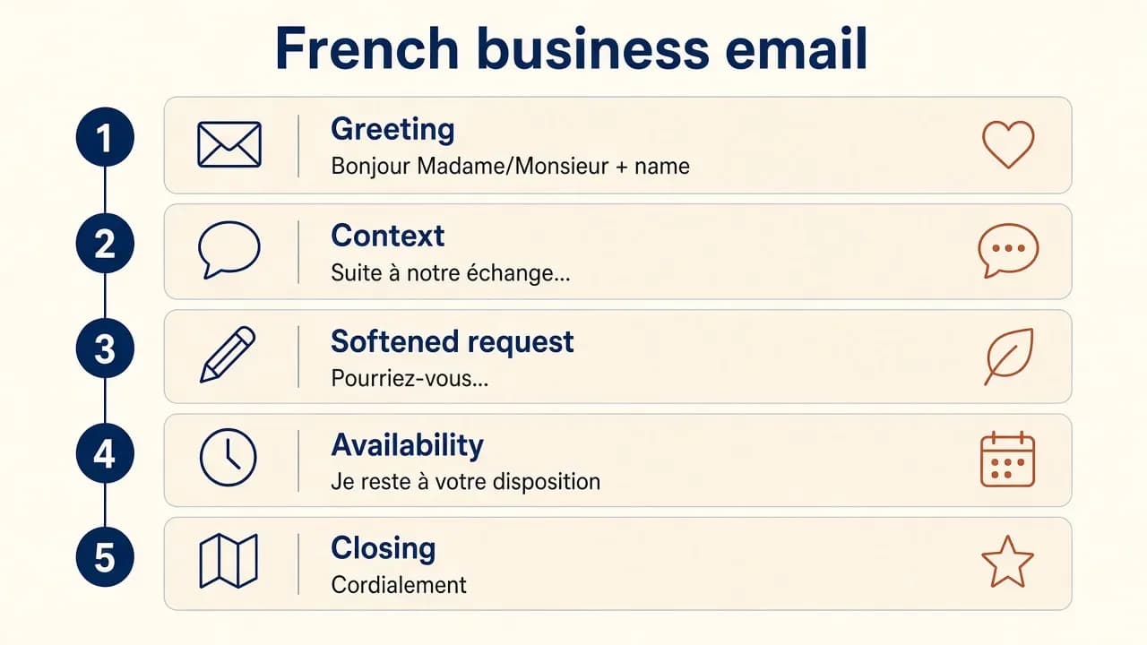 Diagram of a French business email structure: greeting, context, request, availability, closing