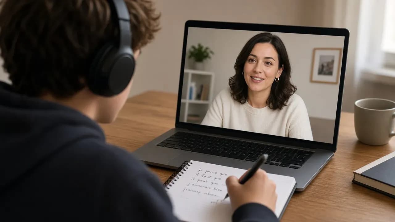 Teen student in a one-to-one online French tutoring session with female tutor on laptop