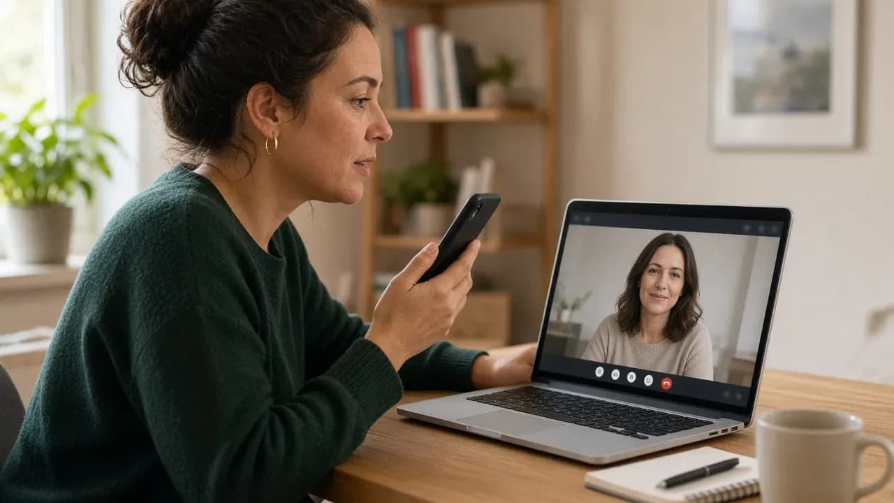 Adult learner practising French phone role-play in a 1-to-1 online lesson with a female tutor