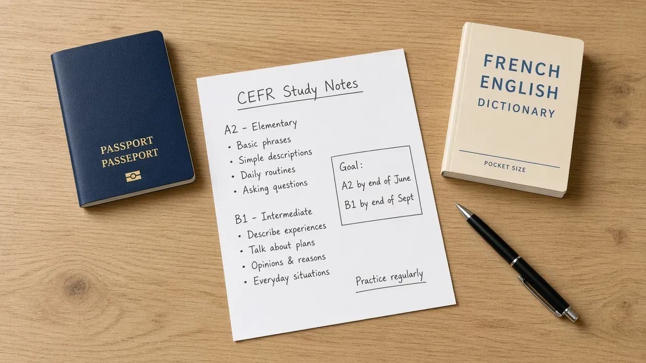 CEFR study notes with passport and French-English dictionary - preparing A2 and B1 goals